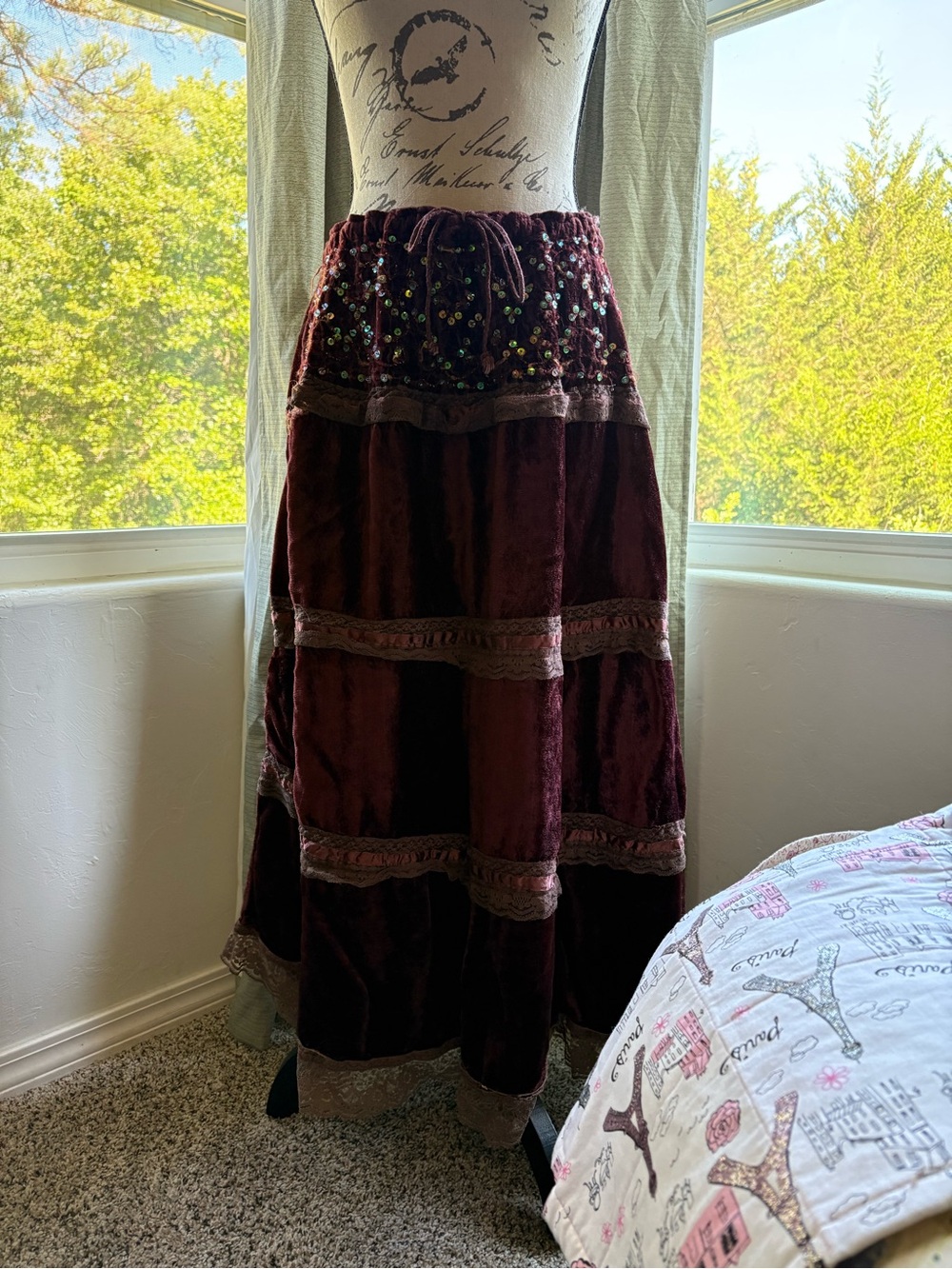 Velvet Maxi Skirt with Sequin Waistband - Deep Burgundy